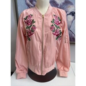 Love Tree Women's Medium Full Zip Light Pink Softshell Embroidered Bomber Jacket